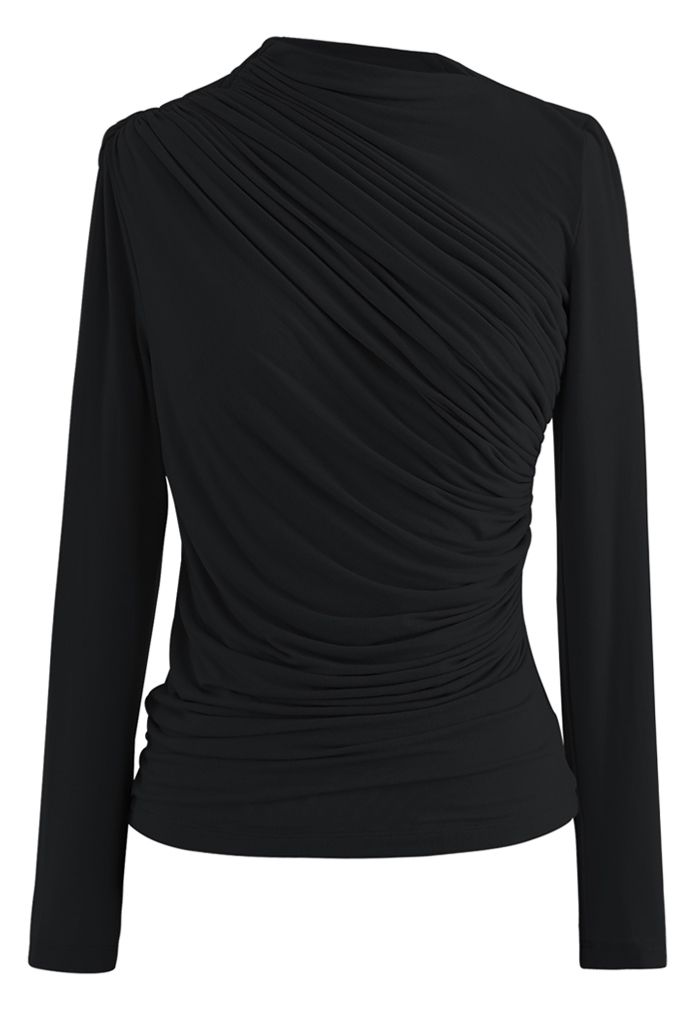 RACHEL | SLIM-FIT KNIT BLOUSE WITH RUCHING IN BLACK