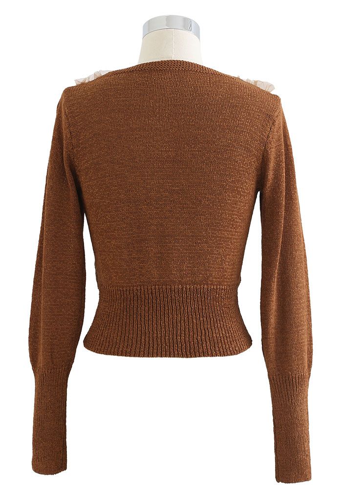 ELIZA | CARAMEL CROP KNIT TOP WITH MESH OVERLAY