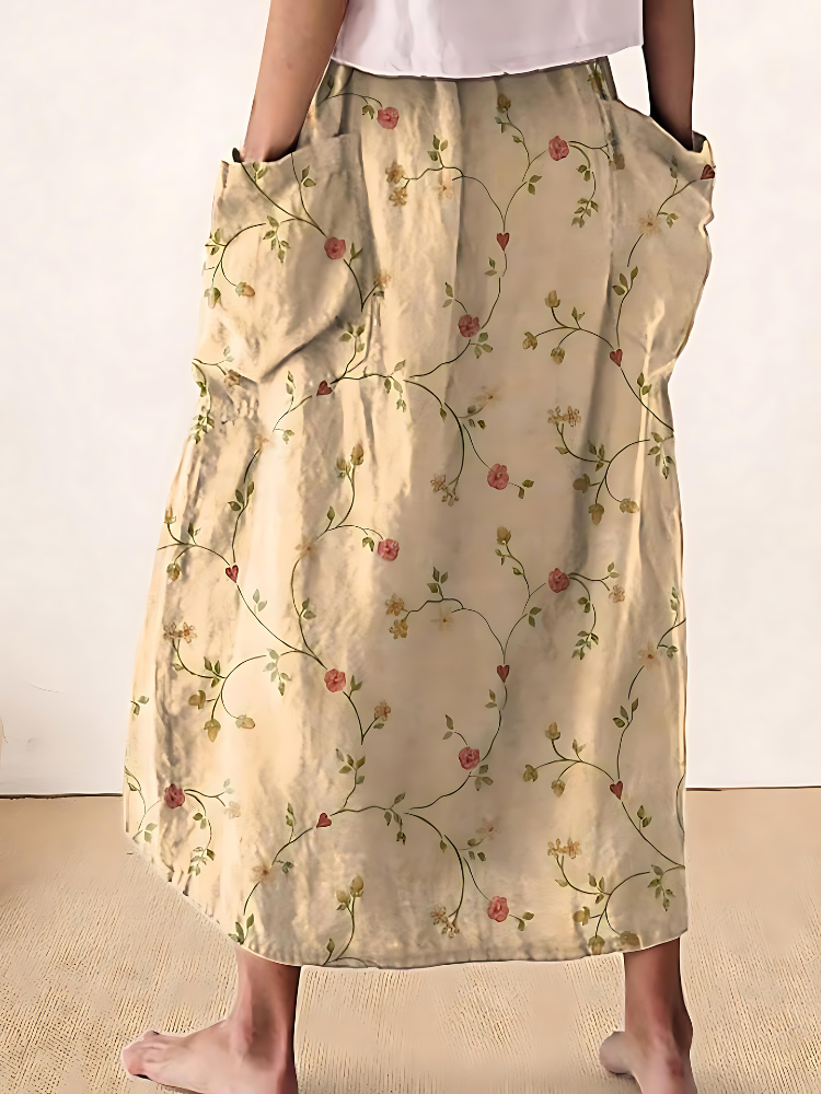 BRIANA VINTAGE FLORAL ART PRINT LINEN POCKET SKIRT