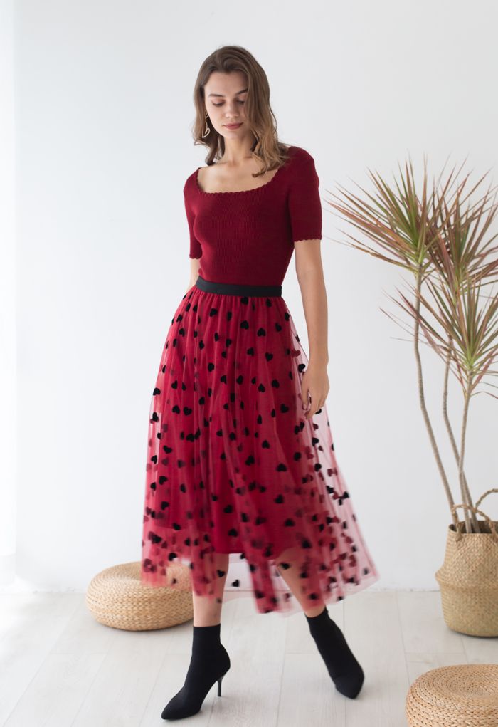 JASMINE | CRIMSON MAXI SKIRT WITH HEART ACCENT AND MESH LAYERING