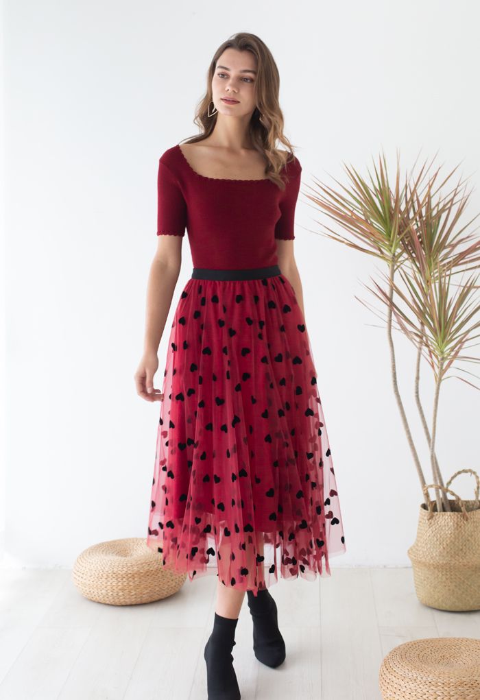 JASMINE | CRIMSON MAXI SKIRT WITH HEART ACCENT AND MESH LAYERING