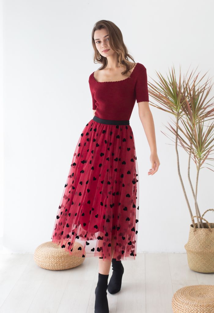 JASMINE | CRIMSON MAXI SKIRT WITH HEART ACCENT AND MESH LAYERING