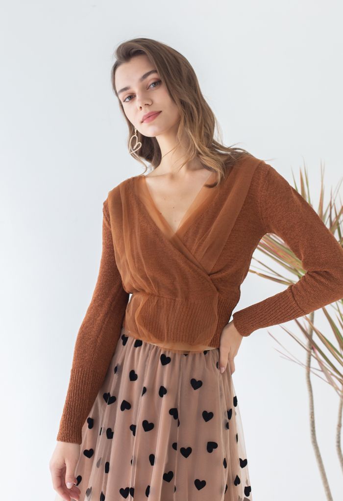 ELIZA | CARAMEL CROP KNIT TOP WITH MESH OVERLAY