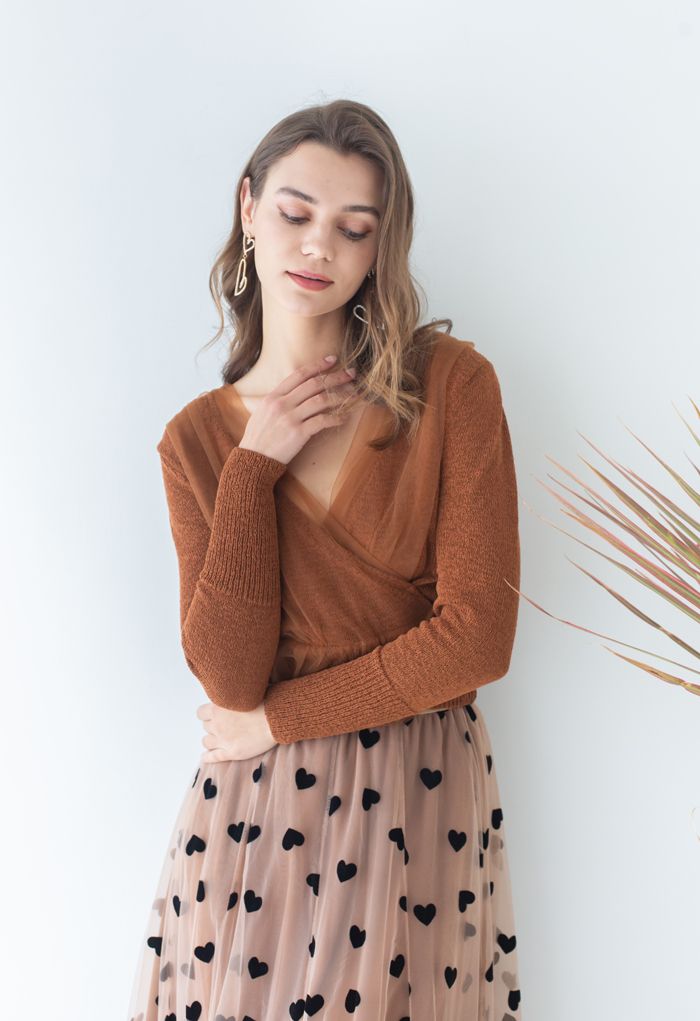 ELIZA | CARAMEL CROP KNIT TOP WITH MESH OVERLAY