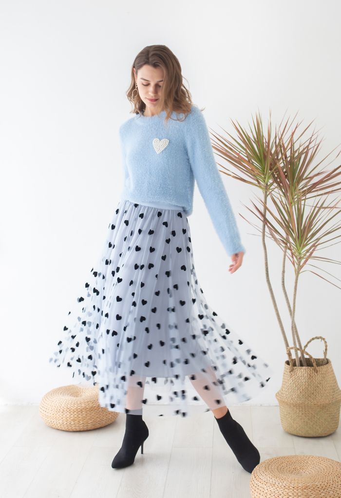 NATALIE | OCEAN BLUE MESH LAYERED SKIRT WITH HEART DESIGN