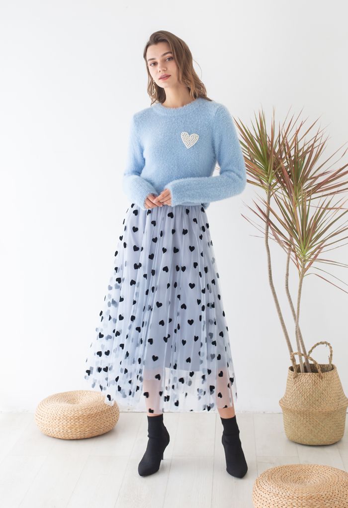 NATALIE | OCEAN BLUE MESH LAYERED SKIRT WITH HEART DESIGN