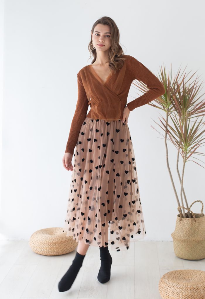 DAISY | CARAMEL MESH MAXI SKIRT WITH HEART DETAIL