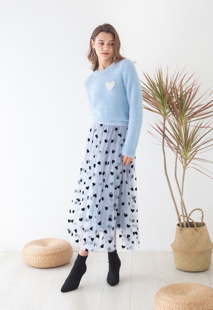 NATALIE | OCEAN BLUE MESH LAYERED SKIRT WITH HEART DESIGN