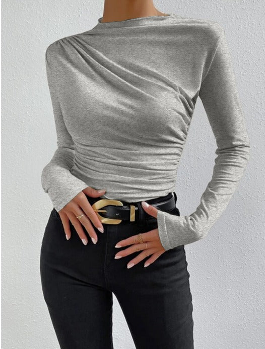 RACHEL | SLIM-FIT KNIT BLOUSE WITH RUCHING IN BLACK