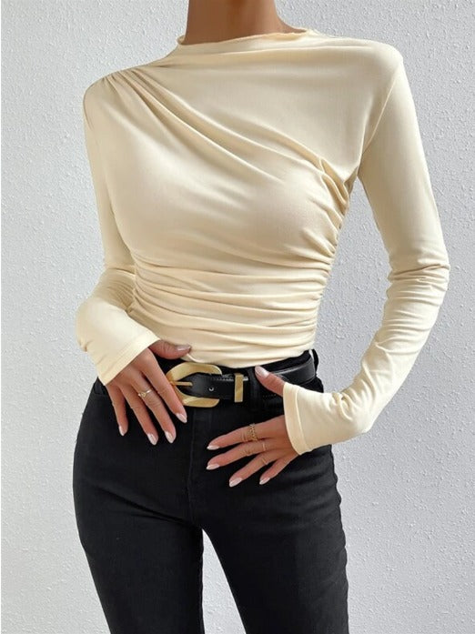 RACHEL | SLIM-FIT KNIT BLOUSE WITH RUCHING IN BLACK