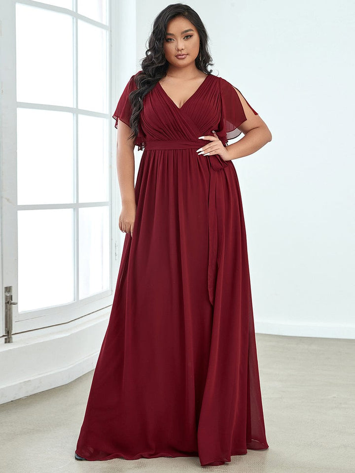 AUDREY CHIFFON V-NECK EVENING DRESS