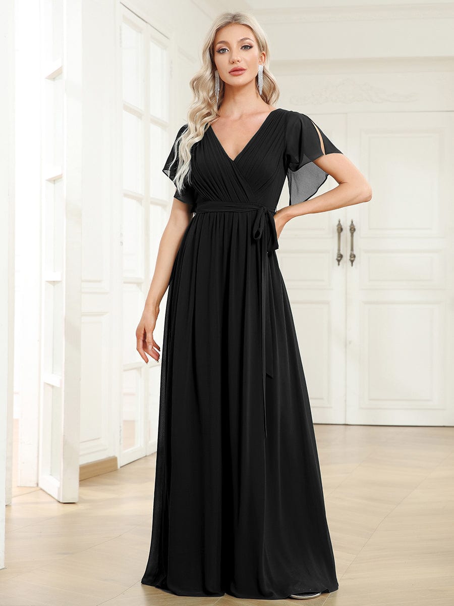 AUDREY CHIFFON V-NECK EVENING DRESS