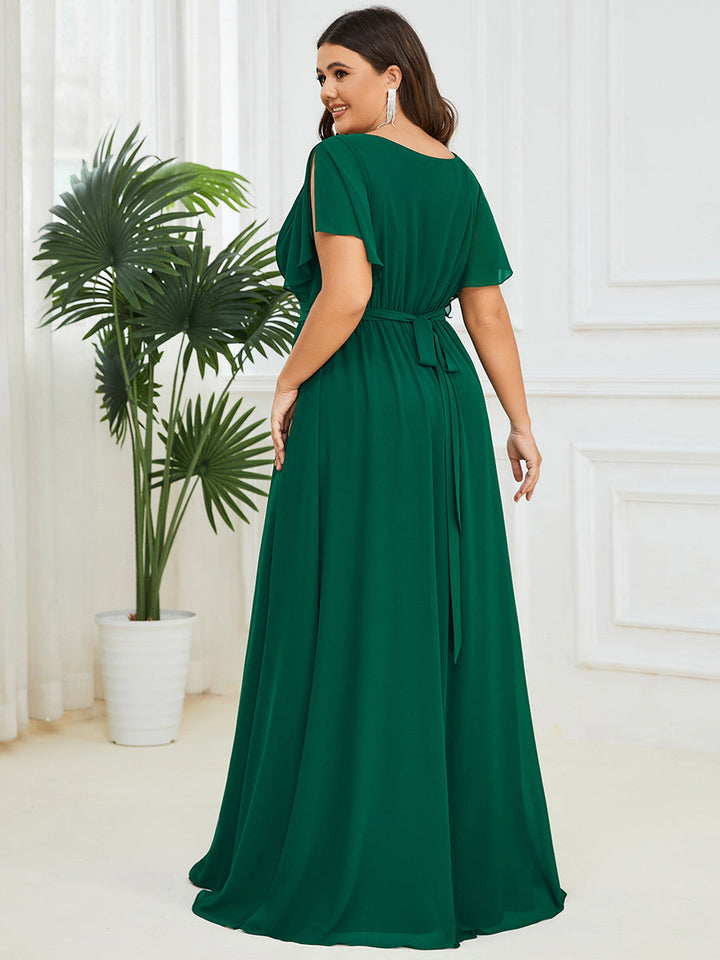 AUDREY CHIFFON V-NECK EVENING DRESS