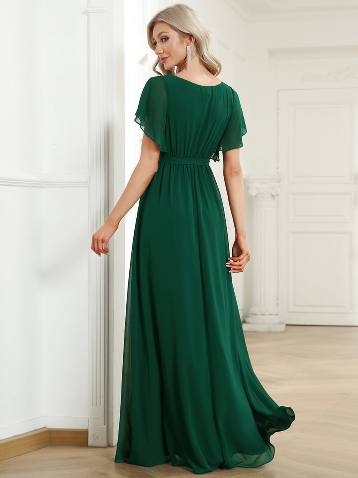 AUDREY CHIFFON V-NECK EVENING DRESS