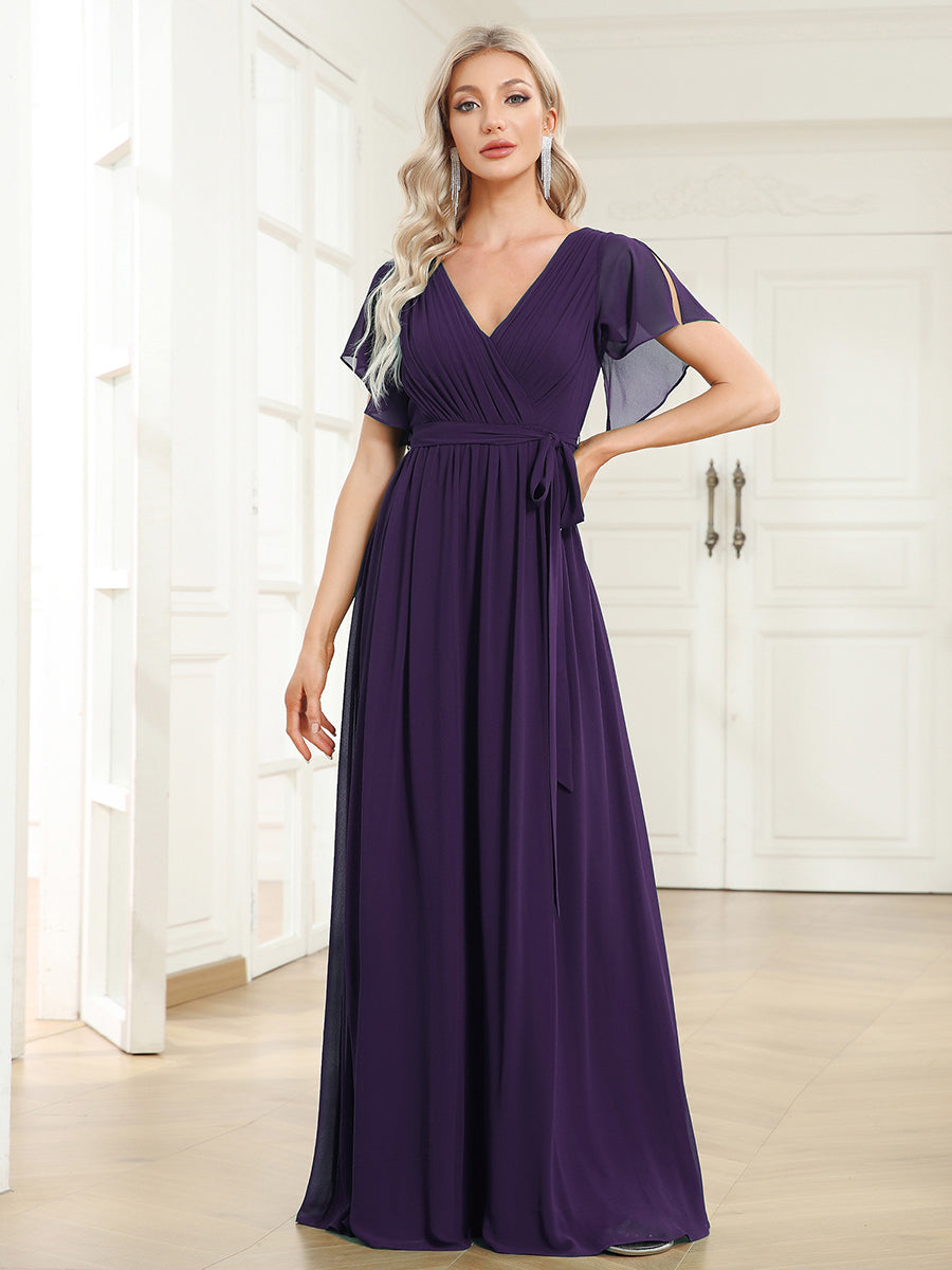 AUDREY CHIFFON V-NECK EVENING DRESS