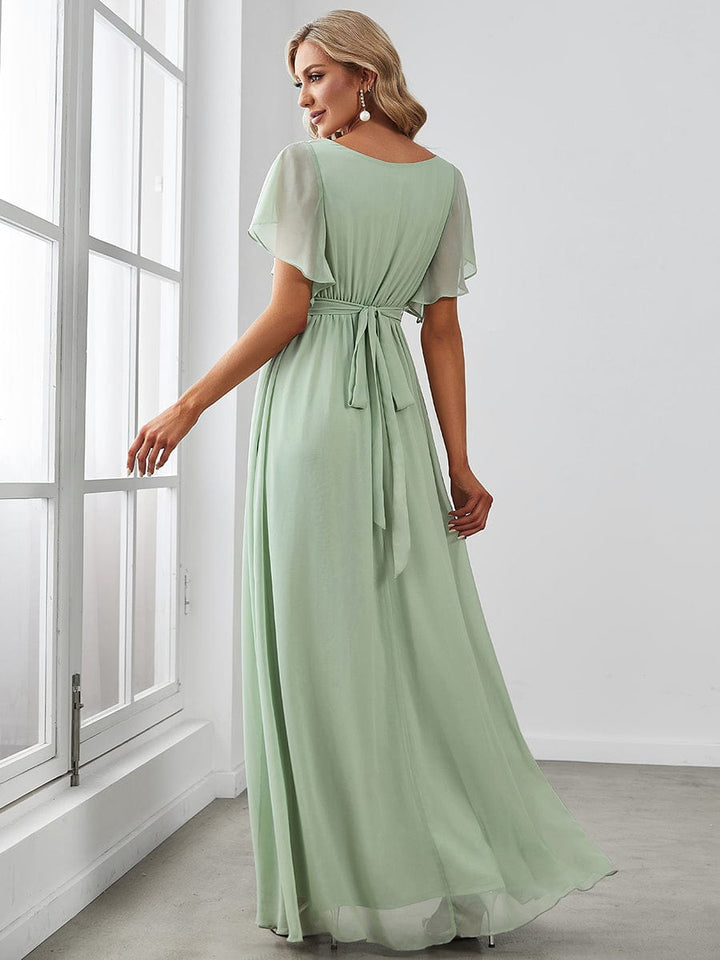 AUDREY CHIFFON V-NECK EVENING DRESS