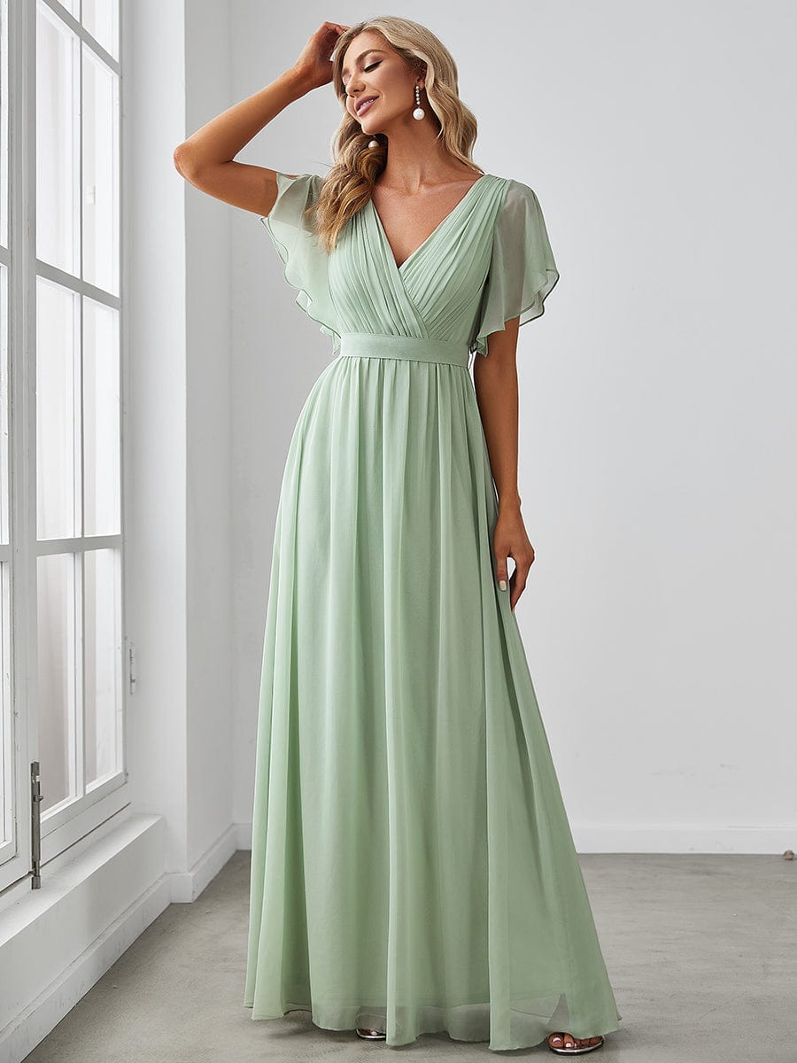 AUDREY CHIFFON V-NECK EVENING DRESS