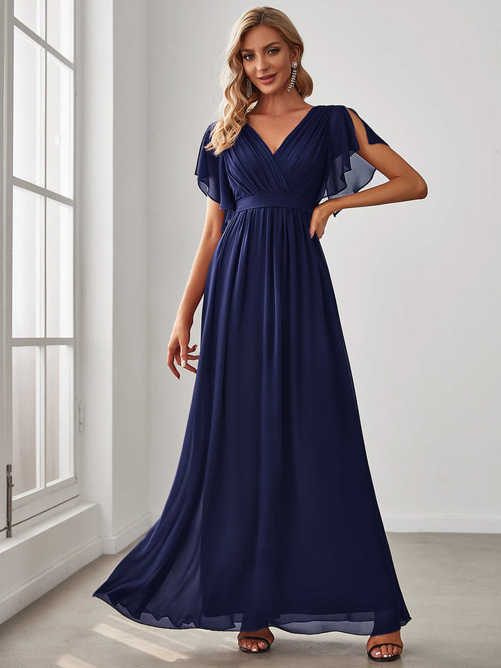 AUDREY CHIFFON V-NECK EVENING DRESS