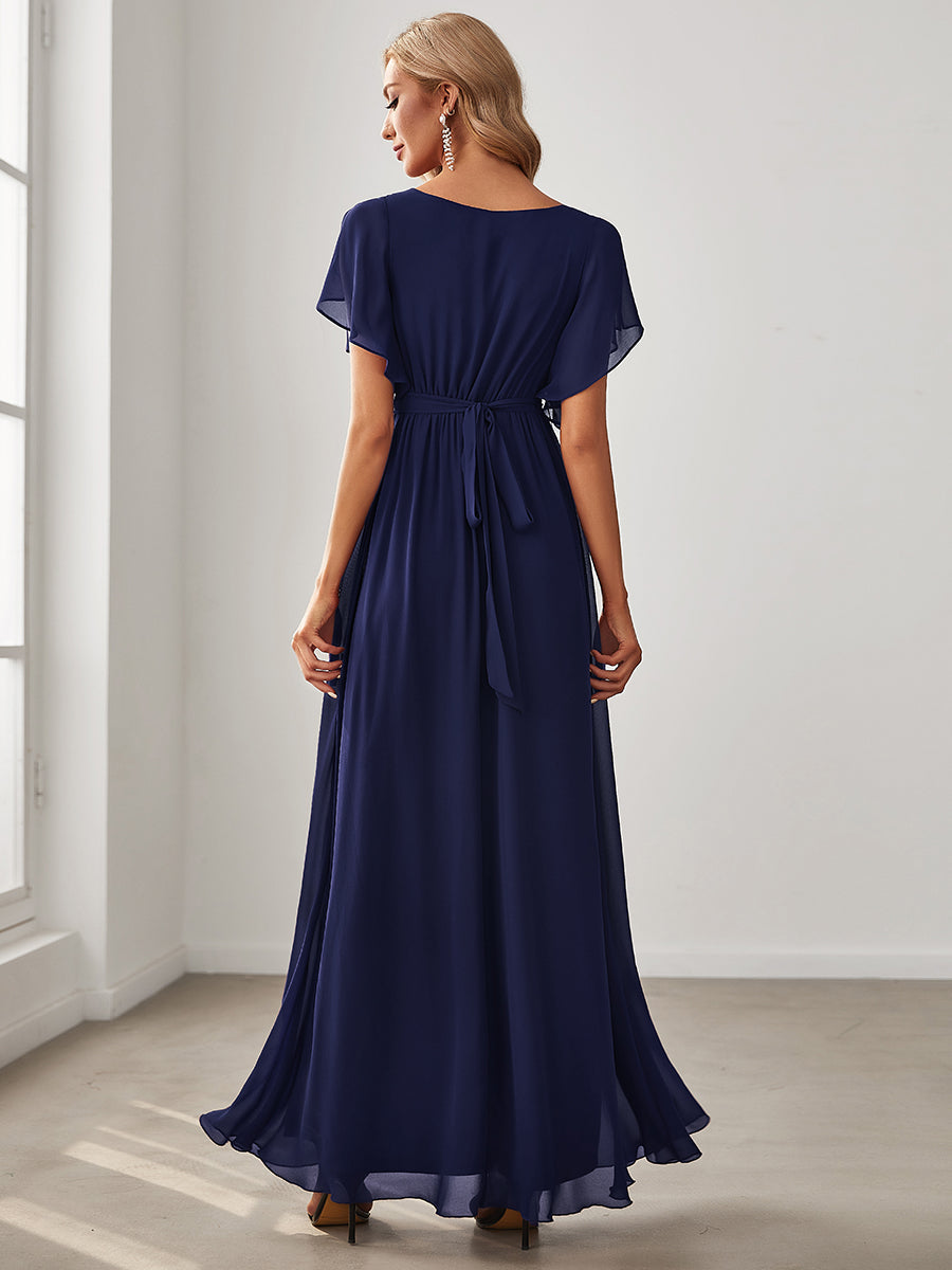 AUDREY CHIFFON V-NECK EVENING DRESS