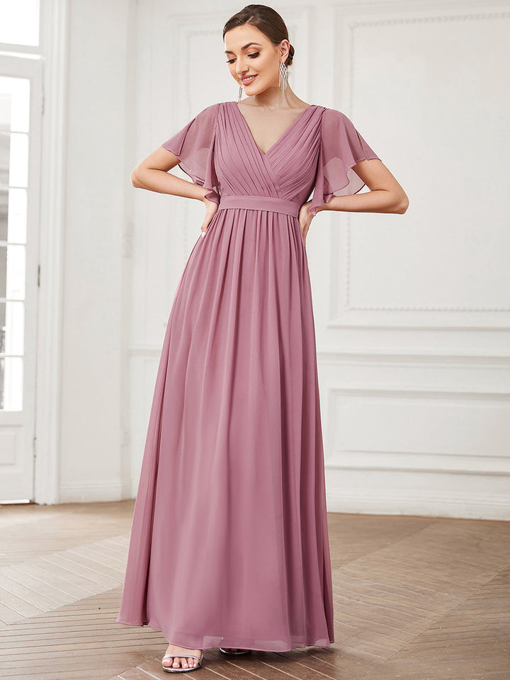 AUDREY CHIFFON V-NECK EVENING DRESS