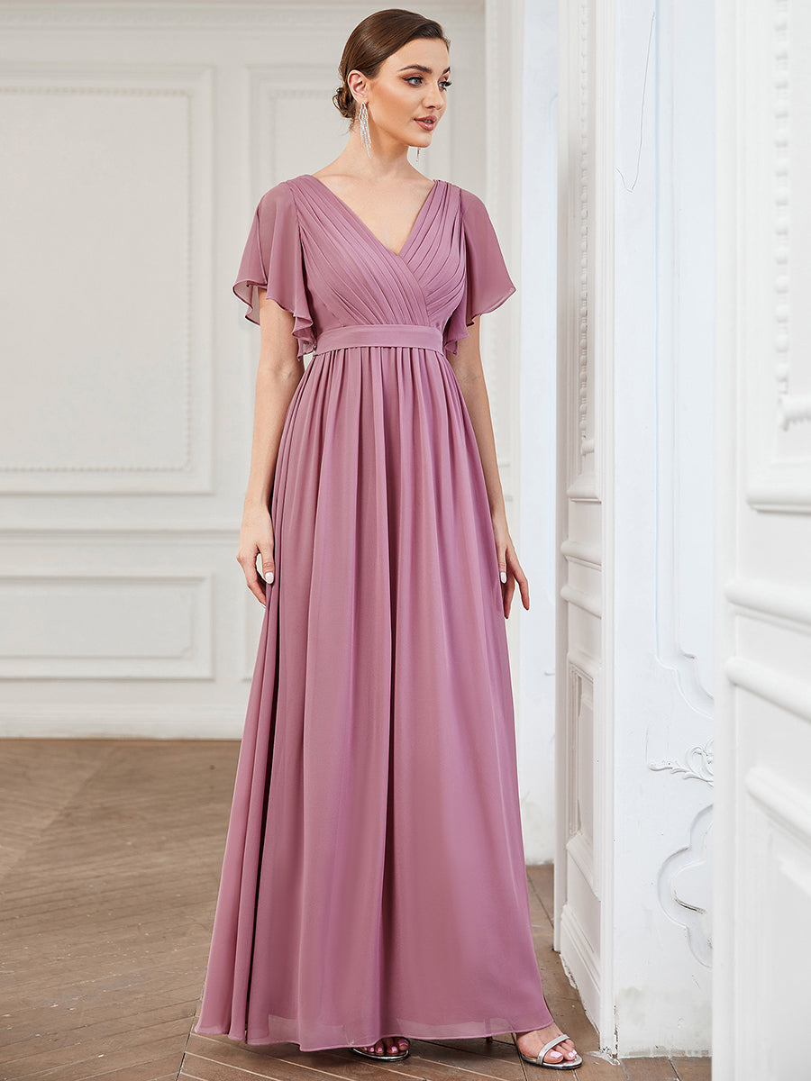 AUDREY CHIFFON V-NECK EVENING DRESS