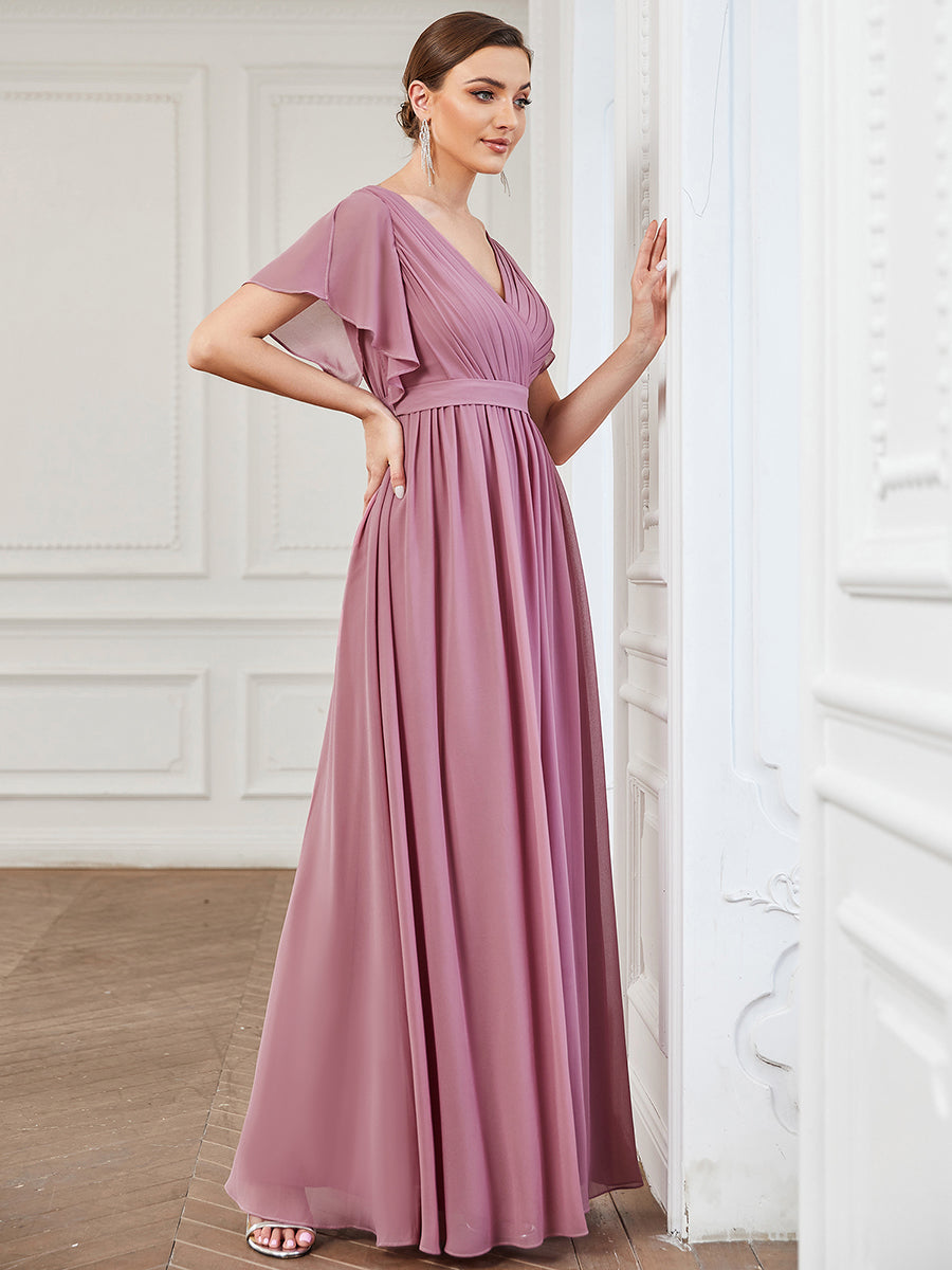 AUDREY CHIFFON V-NECK EVENING DRESS