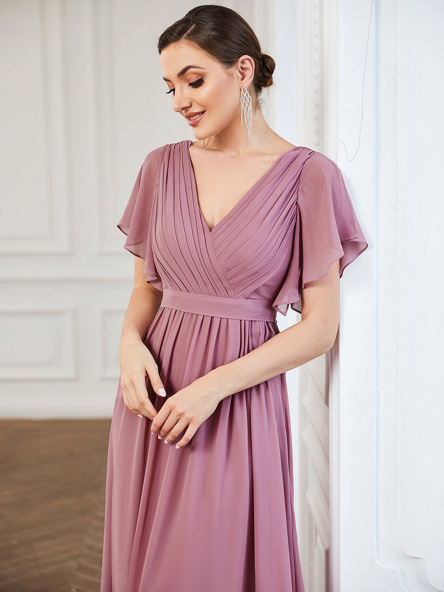 AUDREY CHIFFON V-NECK EVENING DRESS