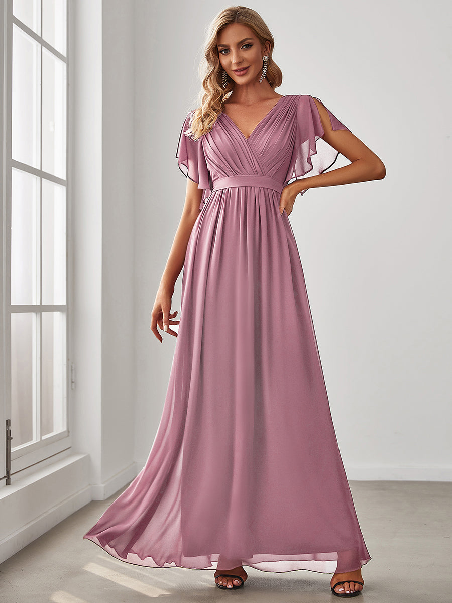 AUDREY CHIFFON V-NECK EVENING DRESS