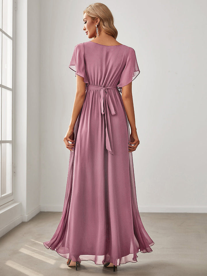 AUDREY CHIFFON V-NECK EVENING DRESS