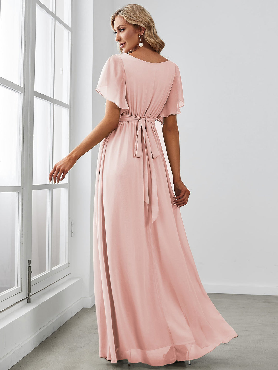 AUDREY CHIFFON V-NECK EVENING DRESS