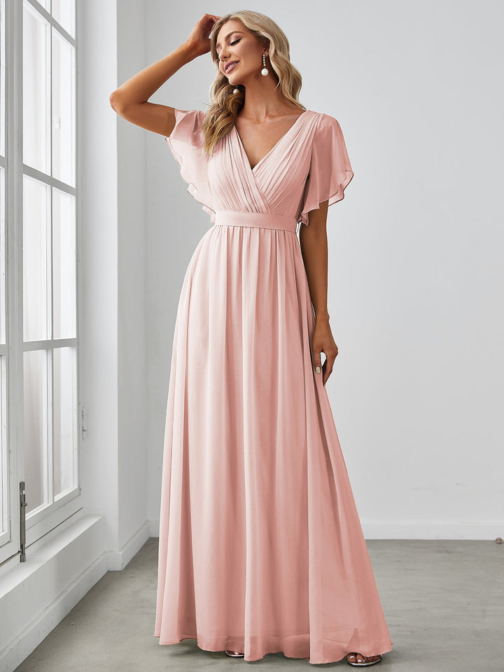 AUDREY CHIFFON V-NECK EVENING DRESS