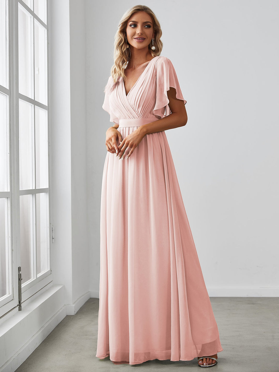 AUDREY CHIFFON V-NECK EVENING DRESS