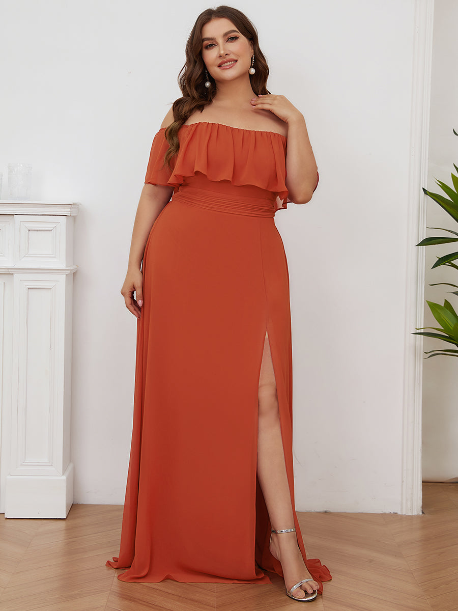 JUNE RUFFLED OFF-SHOULDER SPLIT GOWN