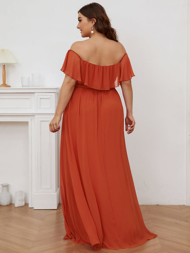 JUNE RUFFLED OFF-SHOULDER SPLIT GOWN