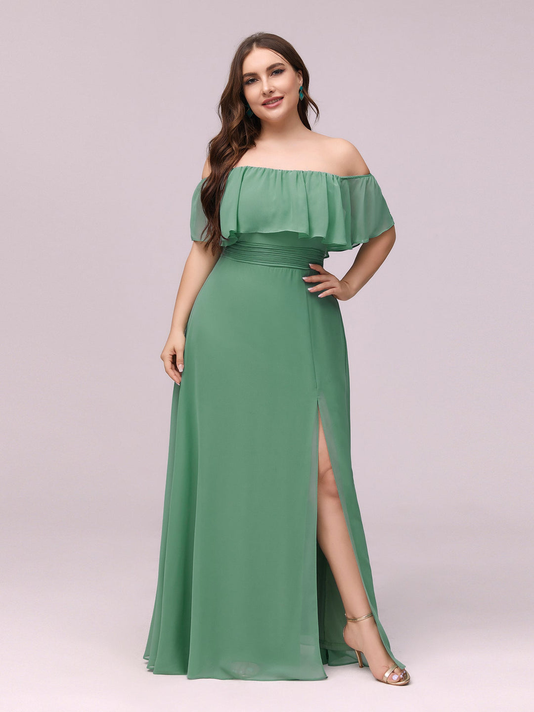 JUNE RUFFLED OFF-SHOULDER SPLIT GOWN