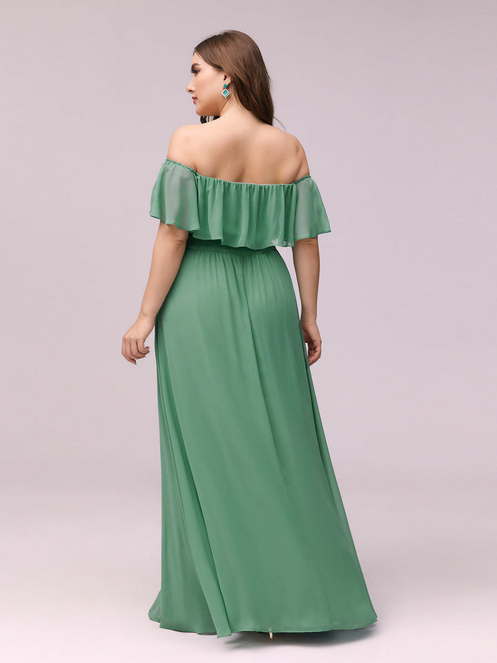 JUNE RUFFLED OFF-SHOULDER SPLIT GOWN