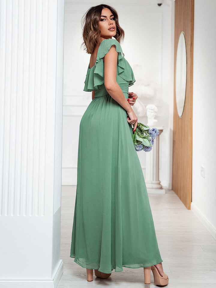 JUNE RUFFLED OFF-SHOULDER SPLIT GOWN