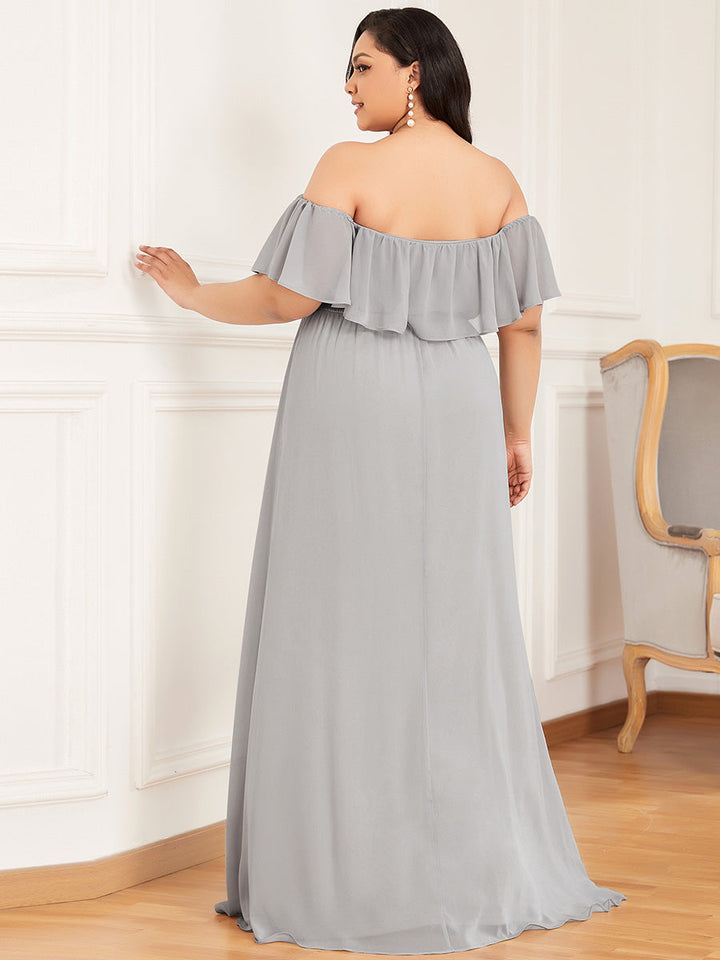 JUNE RUFFLED OFF-SHOULDER SPLIT GOWN