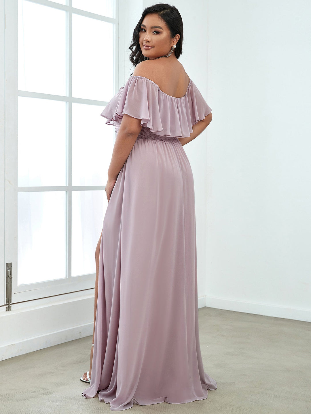 JUNE RUFFLED OFF-SHOULDER SPLIT GOWN