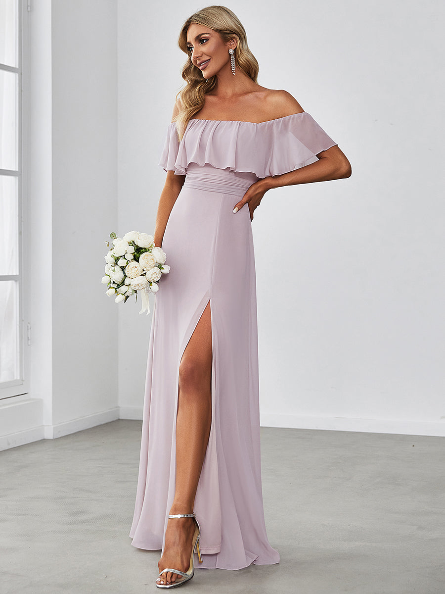 JUNE RUFFLED OFF-SHOULDER SPLIT GOWN