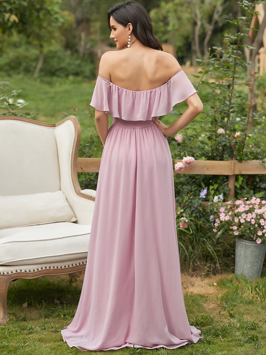 JUNE RUFFLED OFF-SHOULDER SPLIT GOWN