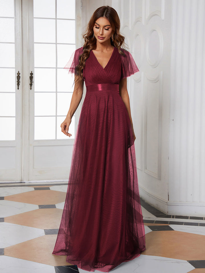 EVELYN DOUBLE V-NECK SHORT SLEEVE GOWN