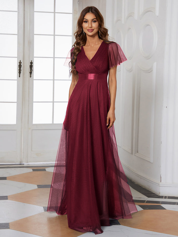 EVELYN DOUBLE V-NECK SHORT SLEEVE GOWN