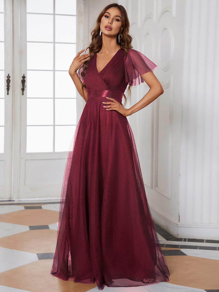 EVELYN DOUBLE V-NECK SHORT SLEEVE GOWN