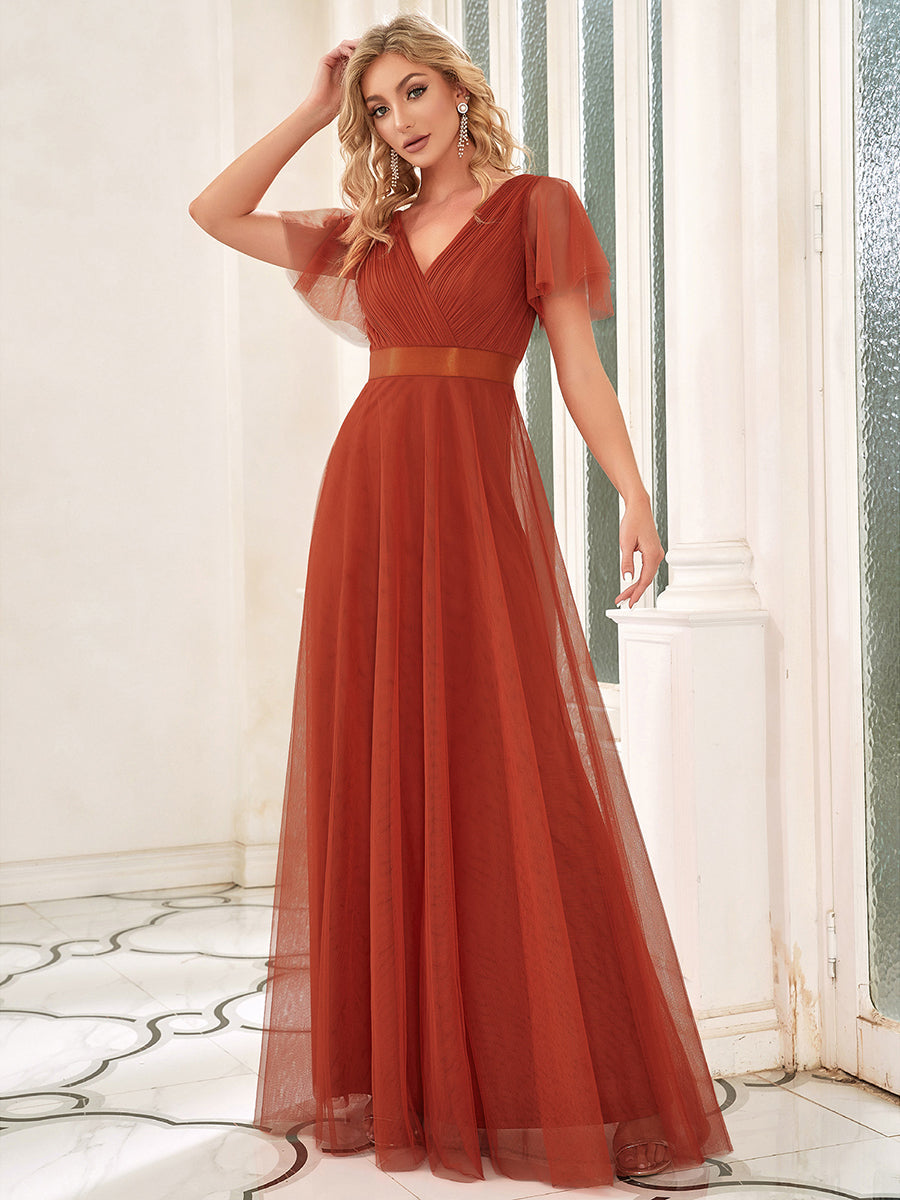 EVELYN DOUBLE V-NECK SHORT SLEEVE GOWN