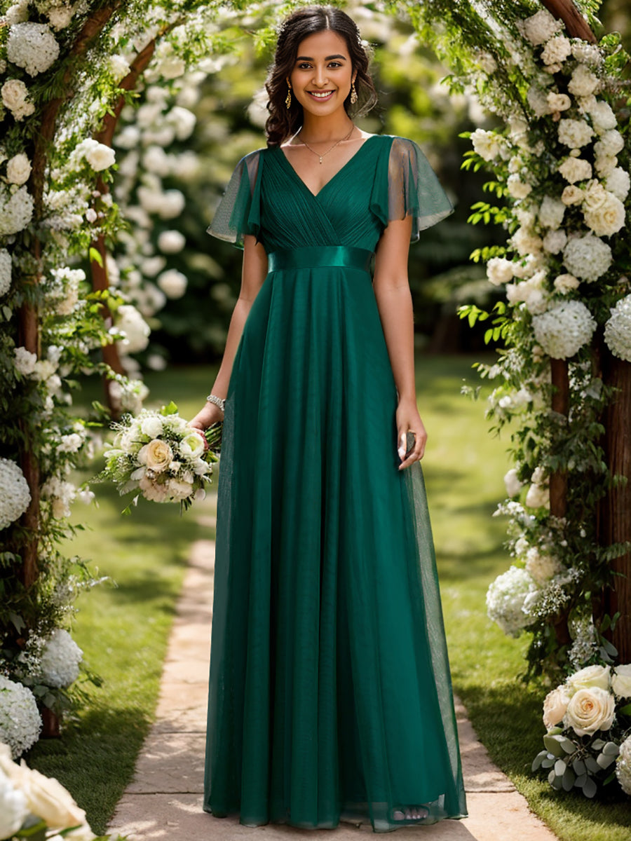 EVELYN DOUBLE V-NECK SHORT SLEEVE GOWN