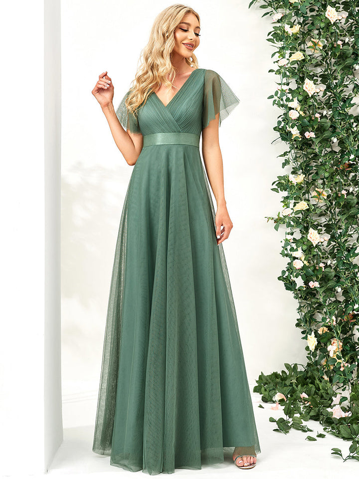 EVELYN DOUBLE V-NECK SHORT SLEEVE GOWN