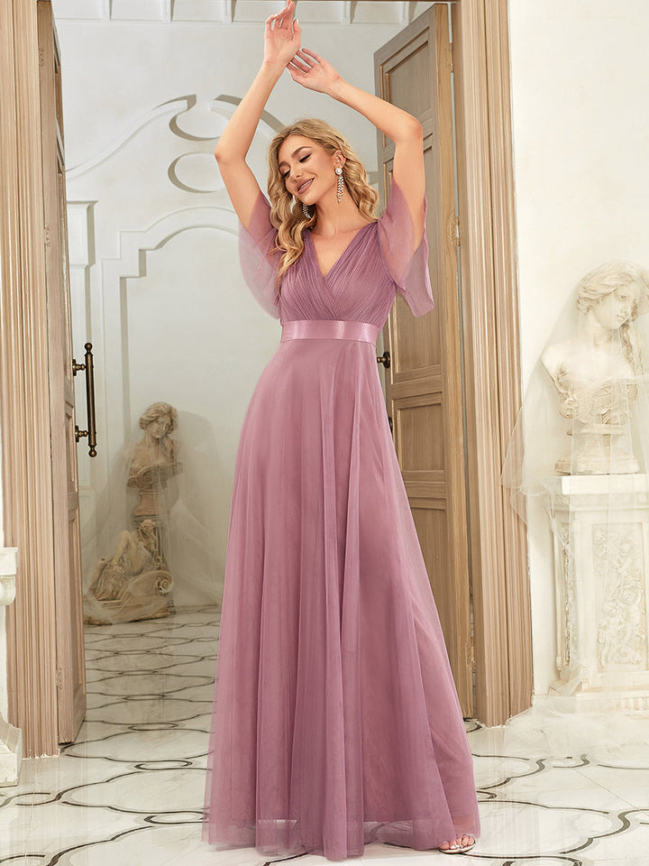 EVELYN DOUBLE V-NECK SHORT SLEEVE GOWN