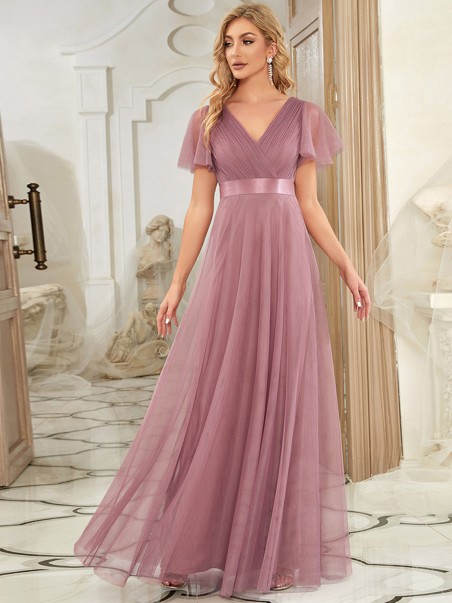 EVELYN DOUBLE V-NECK SHORT SLEEVE GOWN