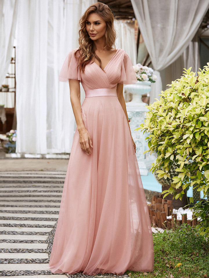 EVELYN DOUBLE V-NECK SHORT SLEEVE GOWN